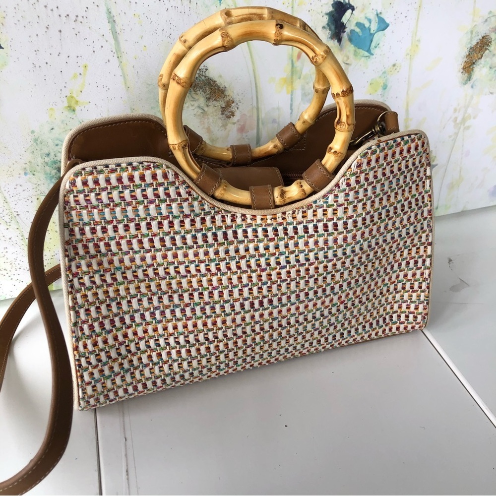 NWOT Fossil Woven Rainbow Purse Bamboo Straw Top Handle Medium Size